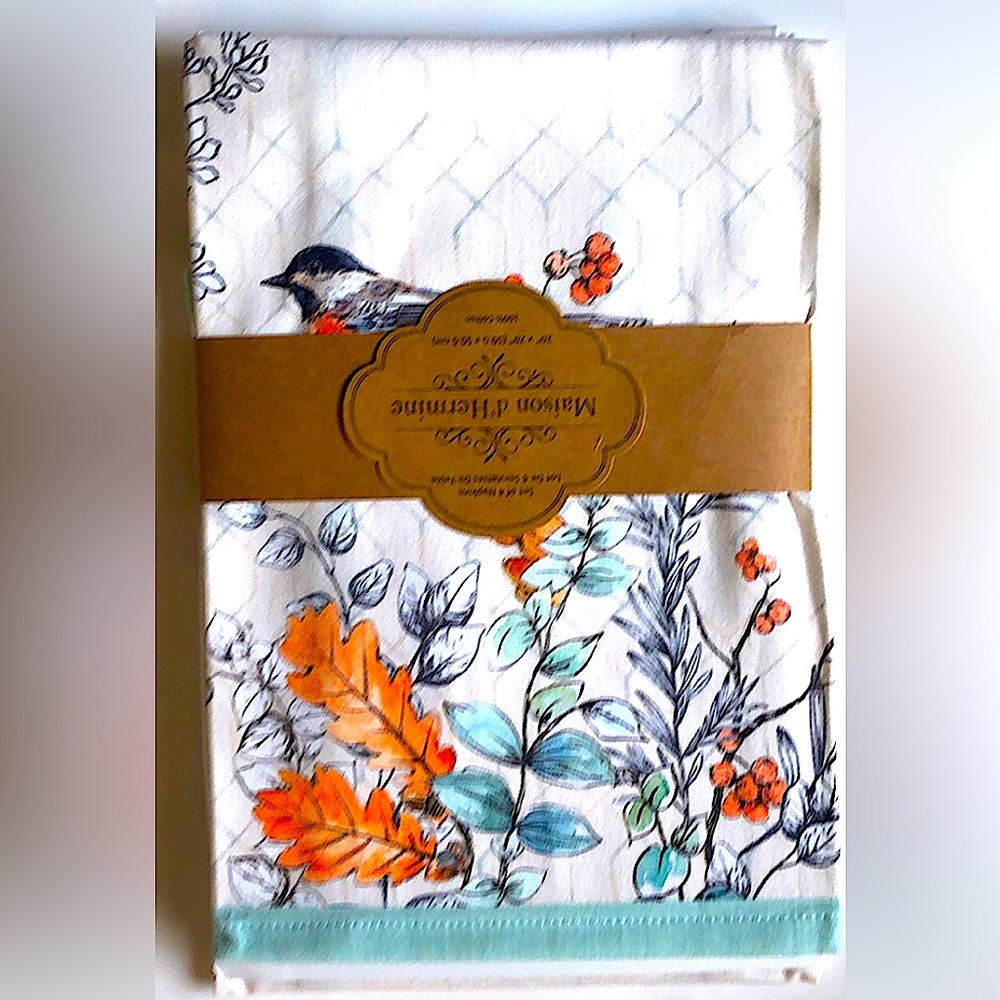 French Country Cotton Table Dinner Napkins Botanical SET (4) cream teal NEW